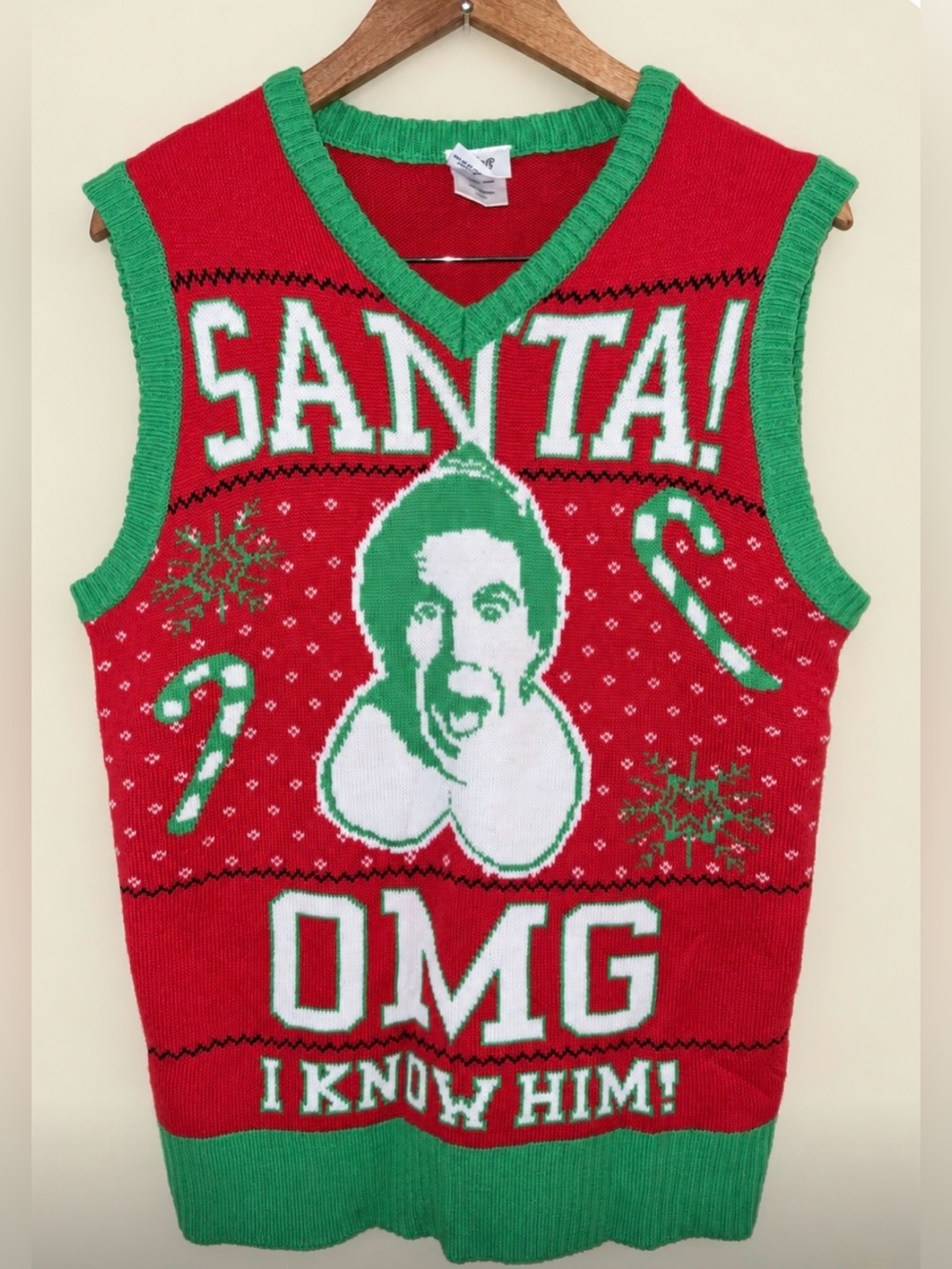 ELF OMG I know Him  V-Neck Holiday Sweater Vest with SANTA Graphic Size M